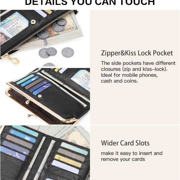 Elegant Vintage Women's Bifold Wallet with Kiss-Lock – Compact Black Clutch - Picture 5 of 8